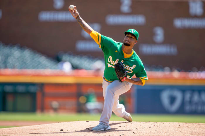 May 10, 2022; Detroit, Michigan, USA; Oakland Athletics starting pitcher Frankie Montas (47) pitches during the first inning against the Detroit Tigers at Comerica Park.